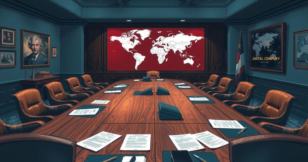 A political meeting room with flags, documents, and a map, symbolizing diplomatic discussions on foreign relations.