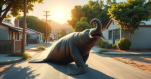 A curious elephant seal exploring a suburban street, surrounded by trees and homes in South Africa.