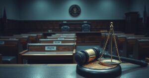 A stylized representation of a drama unfolding in a courtroom, with muted tones and minimalist design elements.