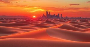Desert landscape with sandy dunes and a silhouette of a city skyline at sunset, illustrating a political journey.