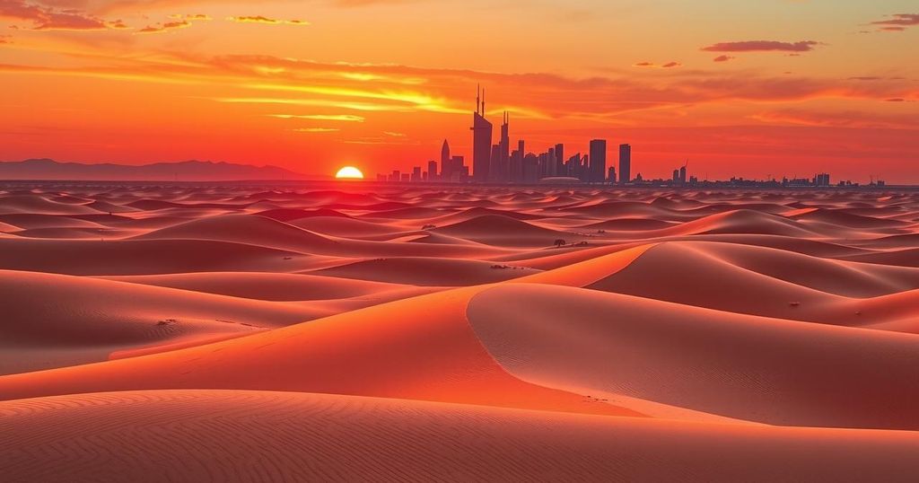 Desert landscape with sandy dunes and a silhouette of a city skyline at sunset, illustrating a political journey.