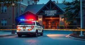 A police vehicle at a scene of a crime with flashing lights and caution tape surrounding a university lodge.