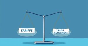 A representation of trade negotiations, depicting abstract scales balancing tariffs and trade agreements, in cool blues and grays.