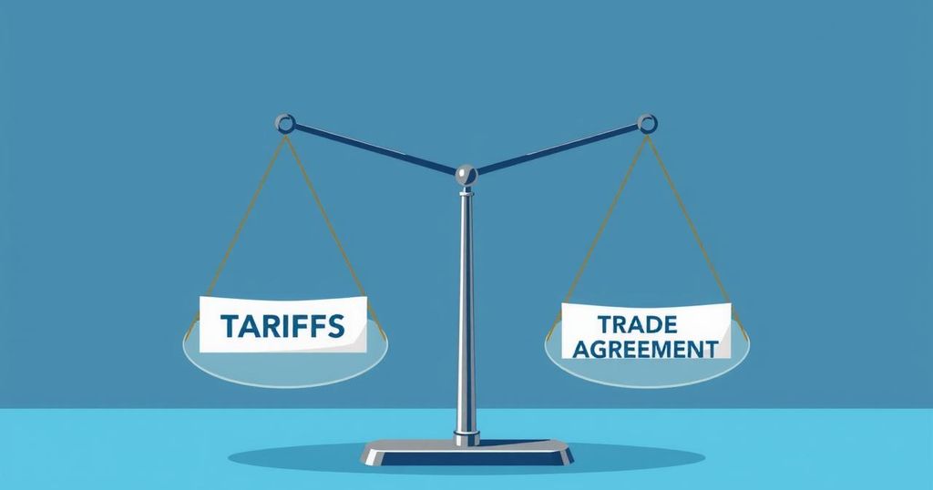 A representation of trade negotiations, depicting abstract scales balancing tariffs and trade agreements, in cool blues and grays.