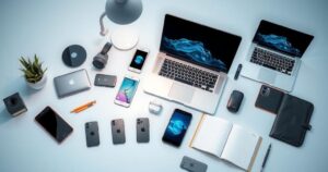 Police raid reveals seized smartphones and laptops from a fraudulent call center in a modern workspace setting.