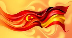 A vibrant abstract of two flags intertwining, showcasing unity with a warm color palette.