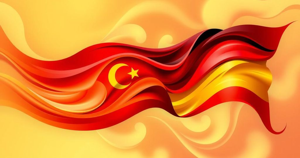 A vibrant abstract of two flags intertwining, showcasing unity with a warm color palette.