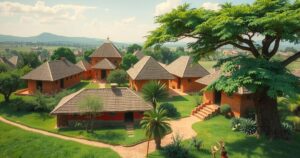 A West African landscape with vibrant greenery, traditional architecture and a focus on educational institutions, in warm earth tones.