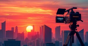 A vibrant cityscape featuring dynamic videography elements under a sunset color scheme, showcasing creativity and innovation.