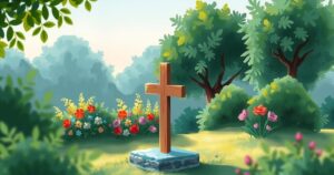 A serene burial site set in a peaceful landscape with flowers and greenery, emphasizing a tranquil farewell.