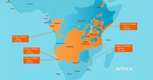 Map of Africa highlighting regions affected by cholera with vibrant colors and symbols.