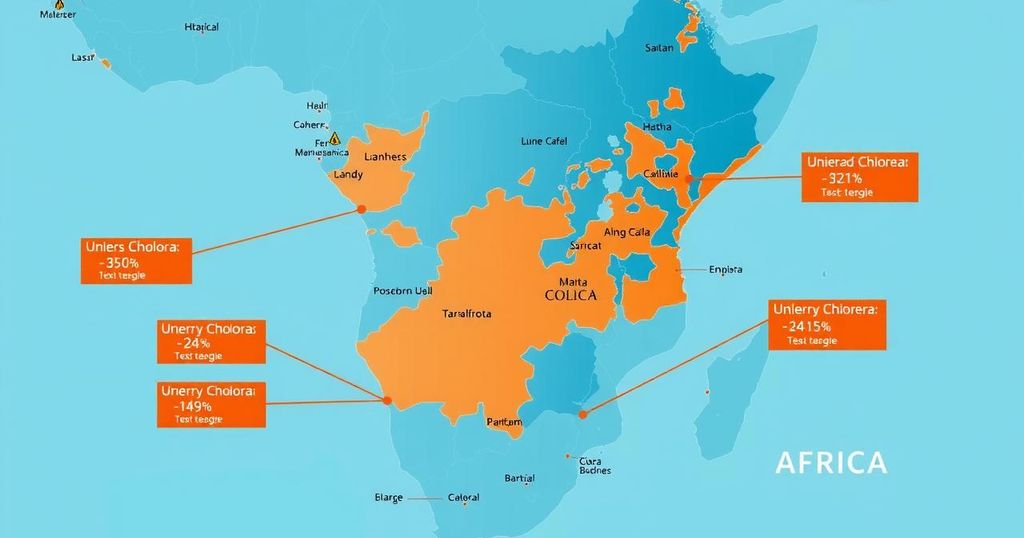 Map of Africa highlighting regions affected by cholera with vibrant colors and symbols.