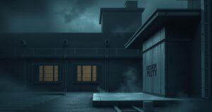 A dark and dramatic scene depicting the detention facility with strong shadows and subdued colors, conveying tension.