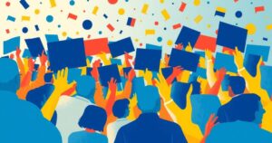 Colorful abstract representation of a political campaign scene with dynamic shapes and bright colors.