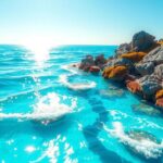 A tranquil tropical ocean scene with gentle waves and vibrant coral reefs under bright blue skies.