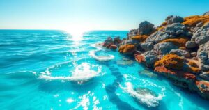 A tranquil tropical ocean scene with gentle waves and vibrant coral reefs under bright blue skies.