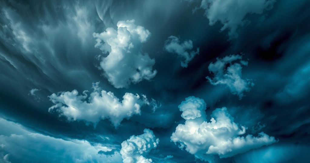 Dramatic thunderstorm clouds over a landscape, showcasing nature's power with blues and greys, embodying atmospheric dynamics.