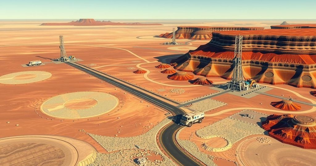 Landscape of the Etango North-East Uranium Project with drilling rigs and mineral-rich terrain in Namibia.