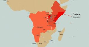 A map illustrating cholera-affected regions in Africa with emphasis on hardest hit areas in red, showcasing public health concerns.