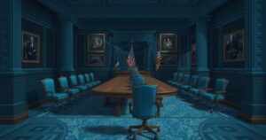 Senate committee room with empty seats and a large table, showcasing a tense political atmosphere without people or flags.