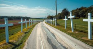 Aerial view of white crosses on a rural road, symbolizing memorials for farmers with a clear blue sky.