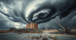 Stormy sky with dark clouds and swirling winds over a devastated landscape with scattered debris and uprooted trees.