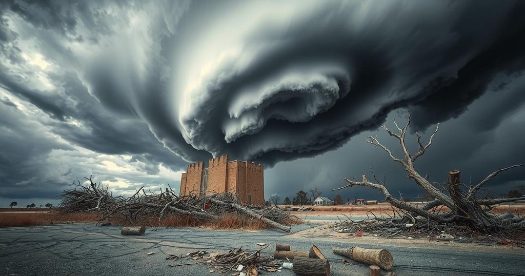 Stormy sky with dark clouds and swirling winds over a devastated landscape with scattered debris and uprooted trees.