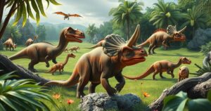A scenic representation of dinosaurs in an ancient landscape with vibrant colors and a documentary style.