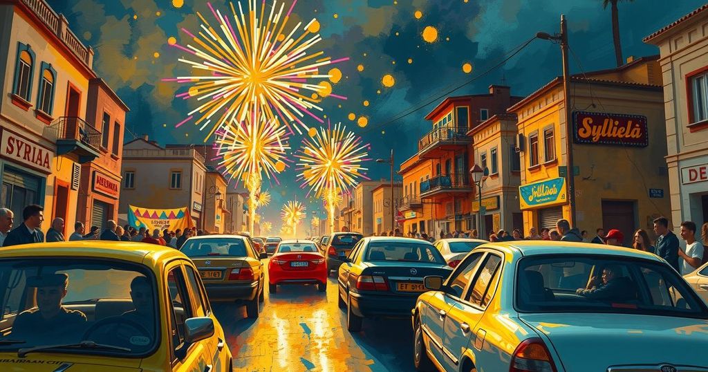 Celebration in Syria with fireworks and car horns, symbolizing hope after lifting of economic restrictions.