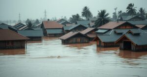 A submerged market town in northern Nigeria, depicting flooding with barely visible rooftops and brown waters.