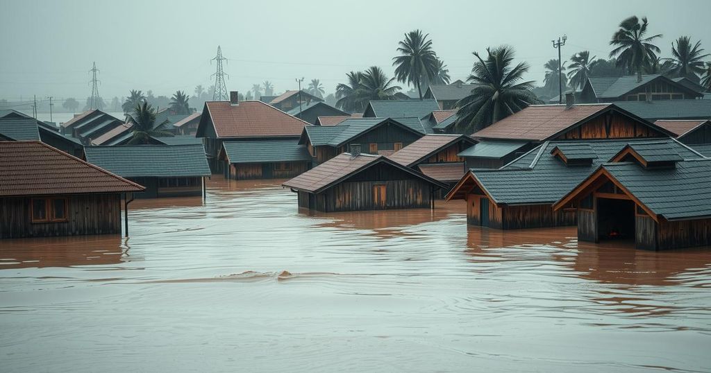 A submerged market town in northern Nigeria, depicting flooding with barely visible rooftops and brown waters.