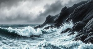 Coastal scene with crashing waves and strong winds, depicting Kenya's intense weather forecast.