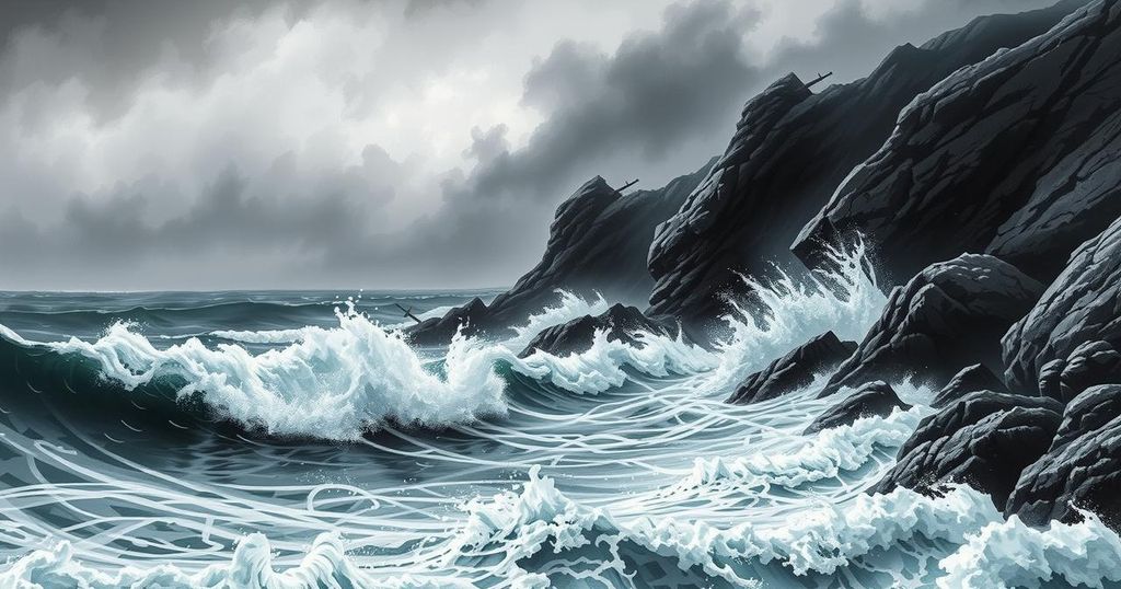 Coastal scene with crashing waves and strong winds, depicting Kenya's intense weather forecast.