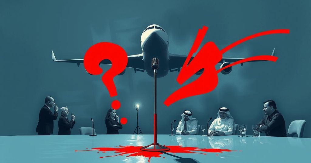 Abstract representation of a tense press conference with symbolic jet and media elements in bold colors
