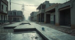 Desolate street in Sudan with abandoned buildings and polluted water, symbolizing a humanitarian crisis