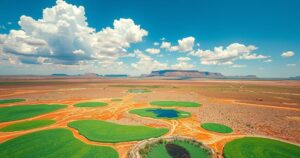 South Africa's landscape rising due to drought effects with a clear blue sky backdrop.