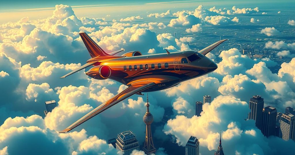 A symbolic representation of political controversy, featuring a luxury jet and an abstract skyline.