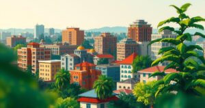 Stylish Nairobi skyline featuring urban buildings and vibrant greenery for a cultural celebration.