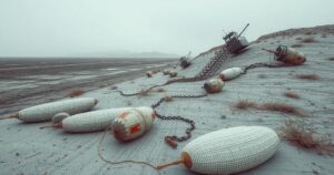 Stark landscape with abandoned fields and fishing gear, showcasing desolation after violent events in Nigeria.