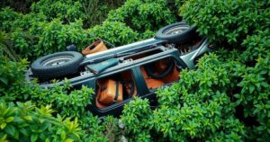 A car overturned in lush green bushes, showcasing vehicle damage under natural surroundings.