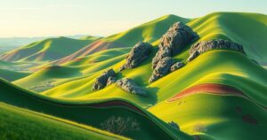 A landscape featuring rich green hills with layers of earthy brown minerals, symbolizing lithium mining. Sustainability focus.