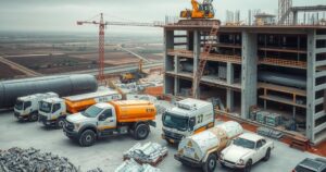 Construction site with large electric vehicles and machinery under grey skies, showcasing industrial architecture.