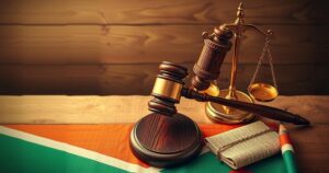 A gavel, scales of justice, and a South Sudan map on a wooden table, representing a legal ruling in immigration matters.