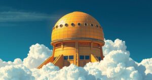 A digital illustration of a golden dome-shaped missile defense system surrounded by clouds and deep blue sky.