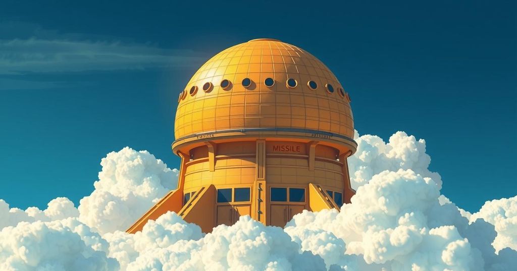 A digital illustration of a golden dome-shaped missile defense system surrounded by clouds and deep blue sky.
