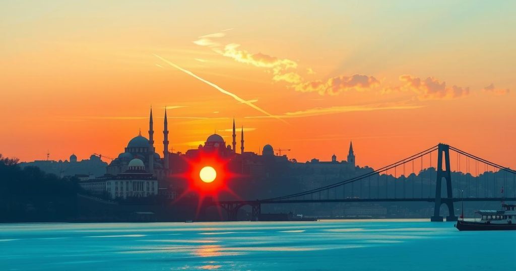 Beautiful Istanbul skyline at sunset with silhouettes of influential landmarks, symbolizing peace talks.