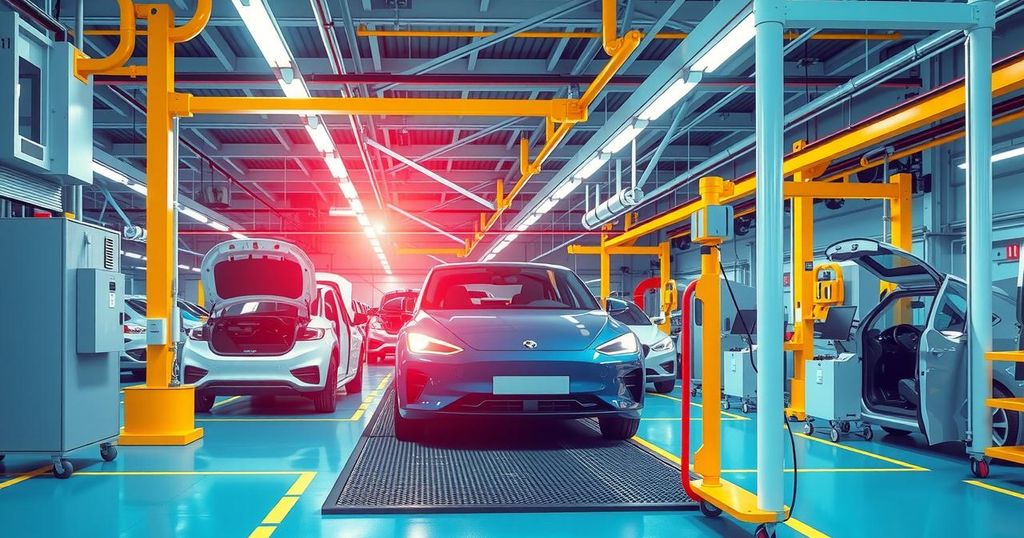 A vibrant factory setting showcasing electric vehicle assembly with modern machinery and bright colors, symbolizing innovation.