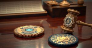 A police badge and a gavel on a desk, representing justice and corruption investigations.