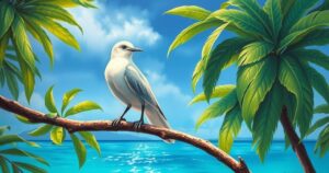 A white tern in a lush Hawaiian setting, showcasing wildlife conservation and vibrant greens and blues.