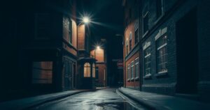 A dark alley in London, surrounded by brick buildings and shadows, reflecting tension and mystery.